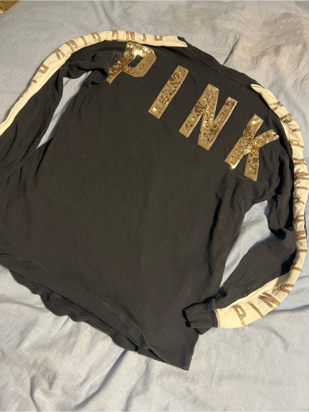 PINK Victoria's Secret Black Long-Sleeve Top with Gold Sequin Logo